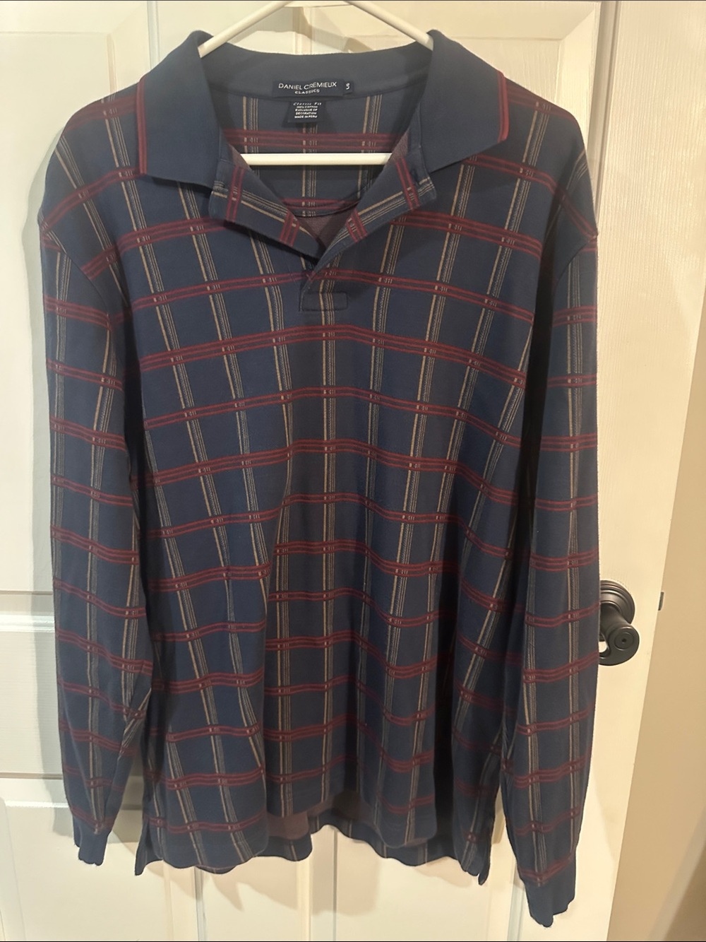 Daniel Cremieux Men's Navy Plaid Long-Sleeve Polo with Red Windowpane